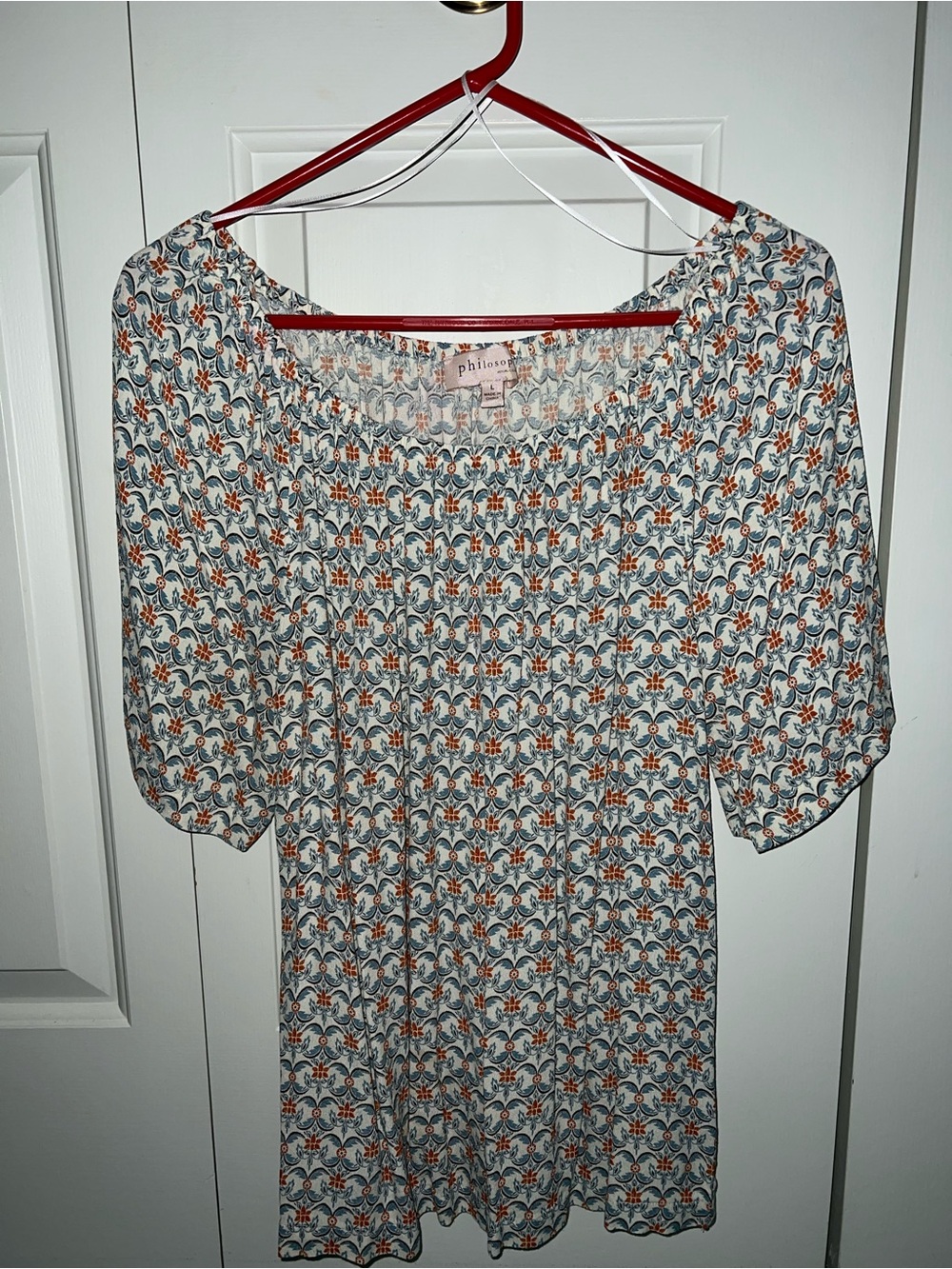 Philosophy Scoop Neck Tunic Top in Cream with Blue & Orange Floral Motif